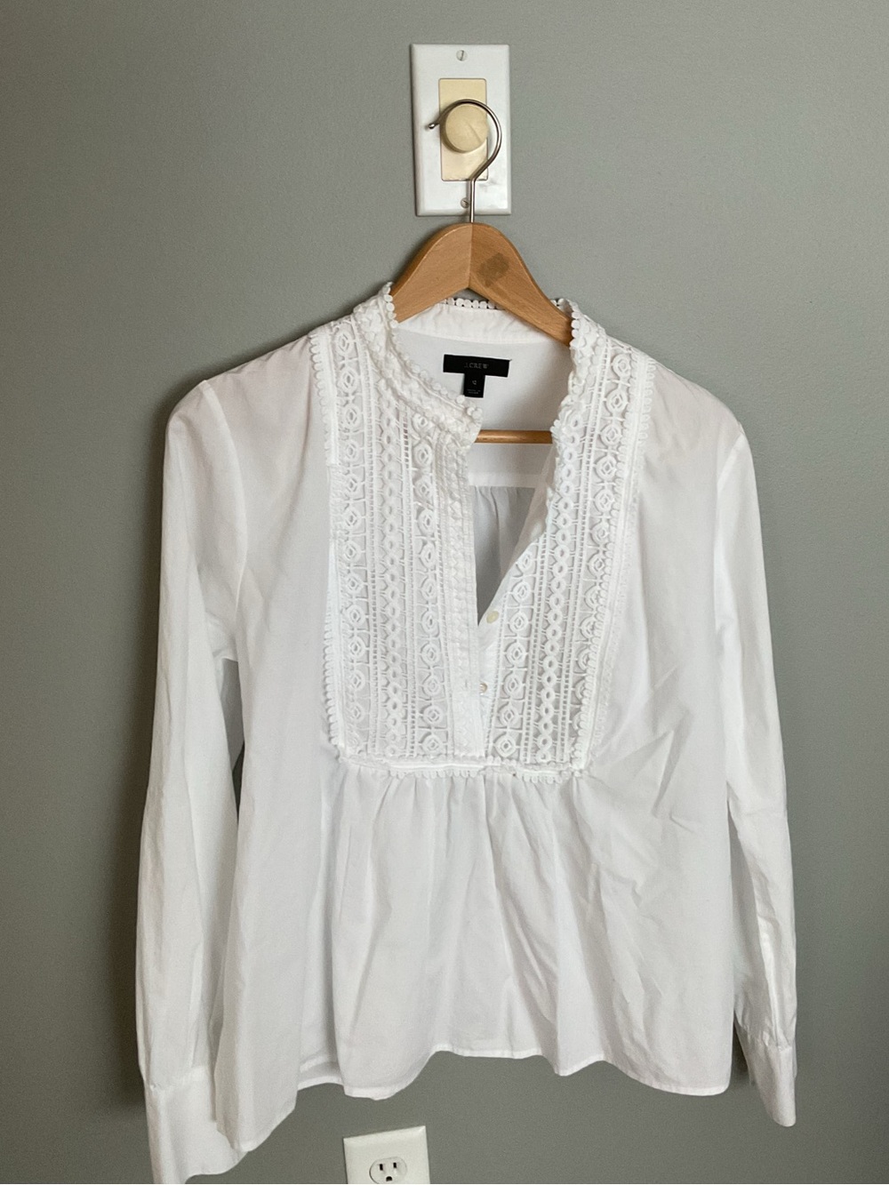 J. Crew White Lace-Trim Long-Sleeve Blouse